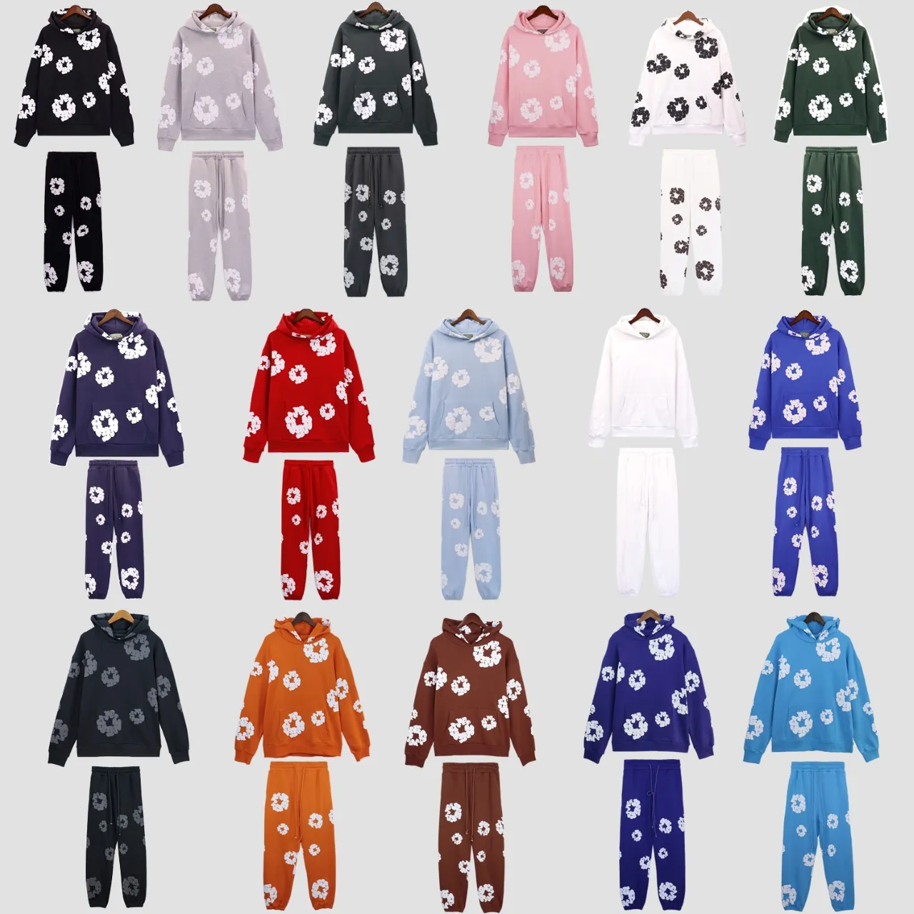 Style number: Top 5640 P190 Style number: Pants 8155 P180 Actual stock DENIM TEARS main line Kapok sweatshirt The Cotton Wreath Sweatsuit American hoodie set Color: Lake blue Orange Brown Purple Dark gray Light blue White and black Black Royal blue Red Light gray Green Pink Colorful orchid White and black Gray Size: S M L XL